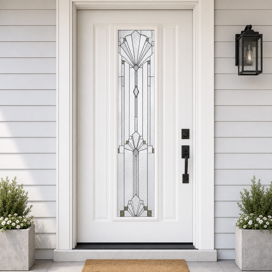 White Art Deco fan front door window film, exterior view