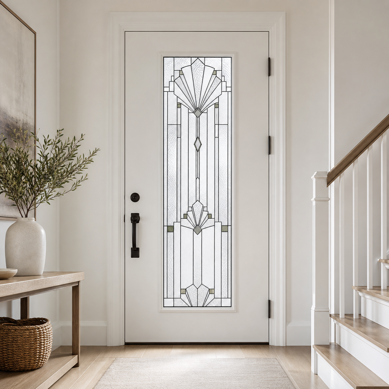White Art Deco fan front door window film, interior foyer view