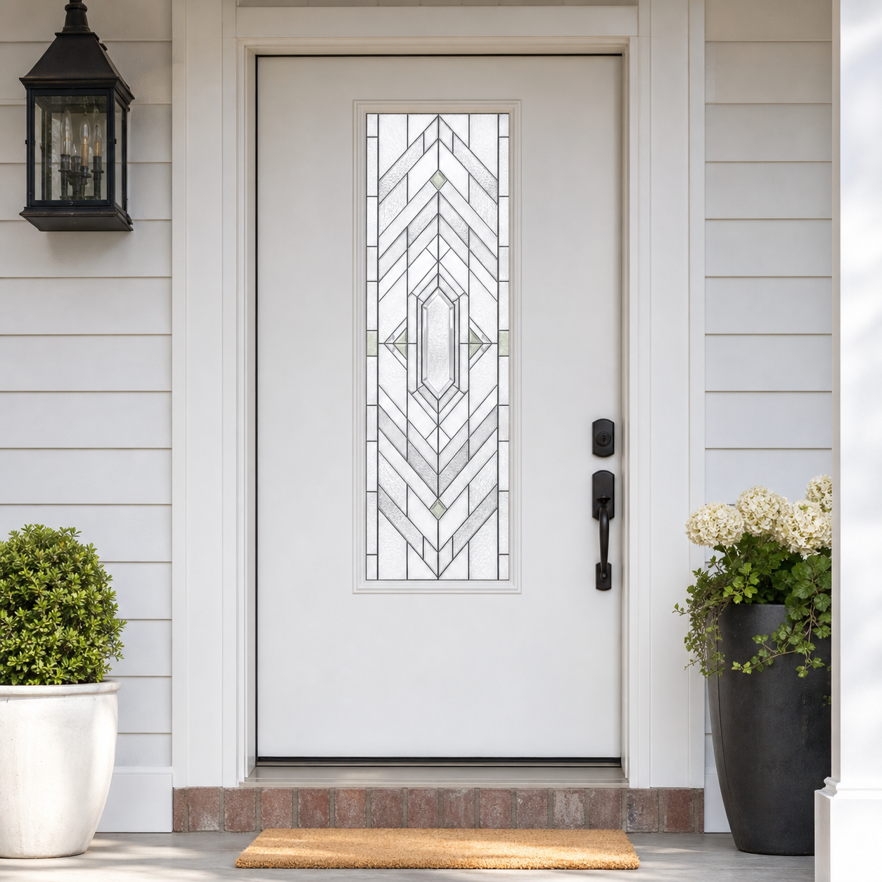 Neutral chevron front door window film, exterior view