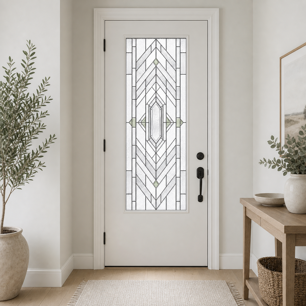 Neutral chevron front door window film, interior foyer view
