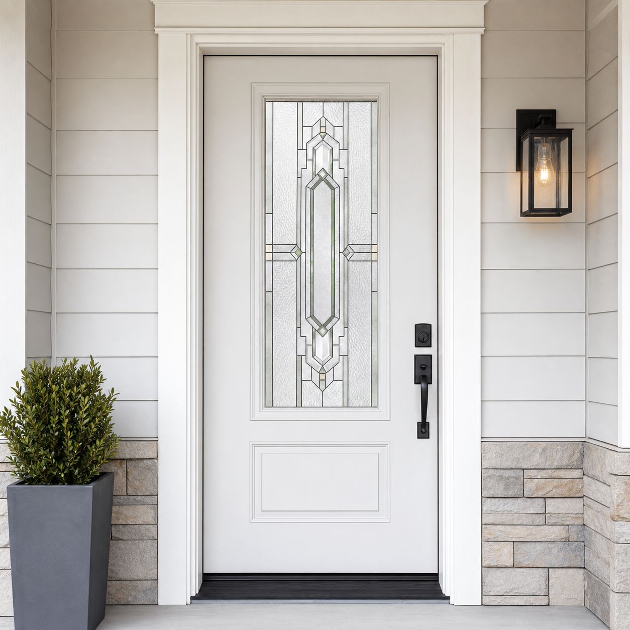Pale emerald keystone front door window film, exterior view