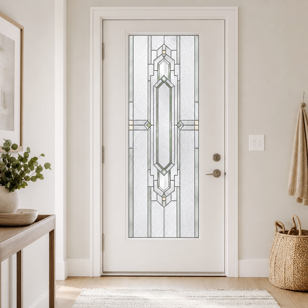 Pale emerald keystone front door window film, interior foyer view