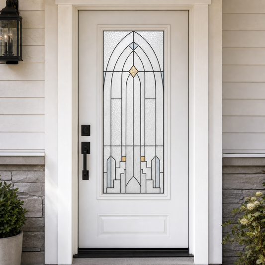 White pointed arch front door window film, exterior view