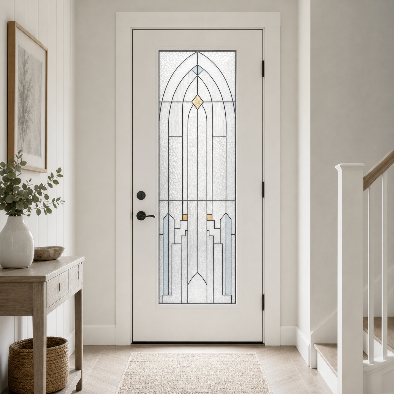 White pointed arch front door window film, interior foyer view