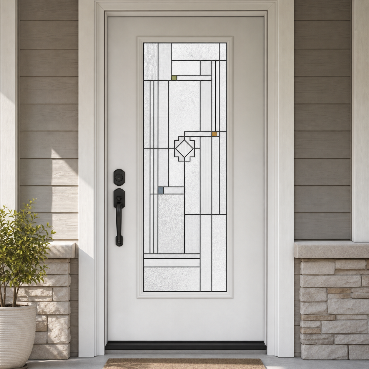 Neutral white Prairie rhythm front door window film, exterior view