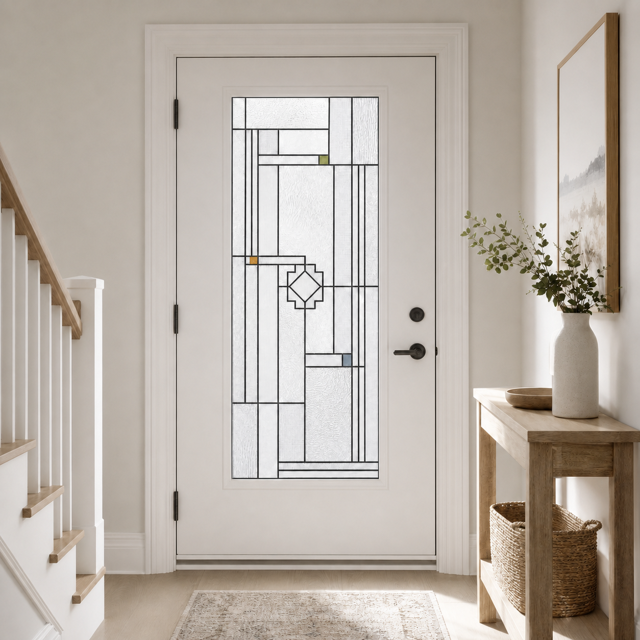 Neutral white Prairie rhythm front door privacy window film, interior foyer view