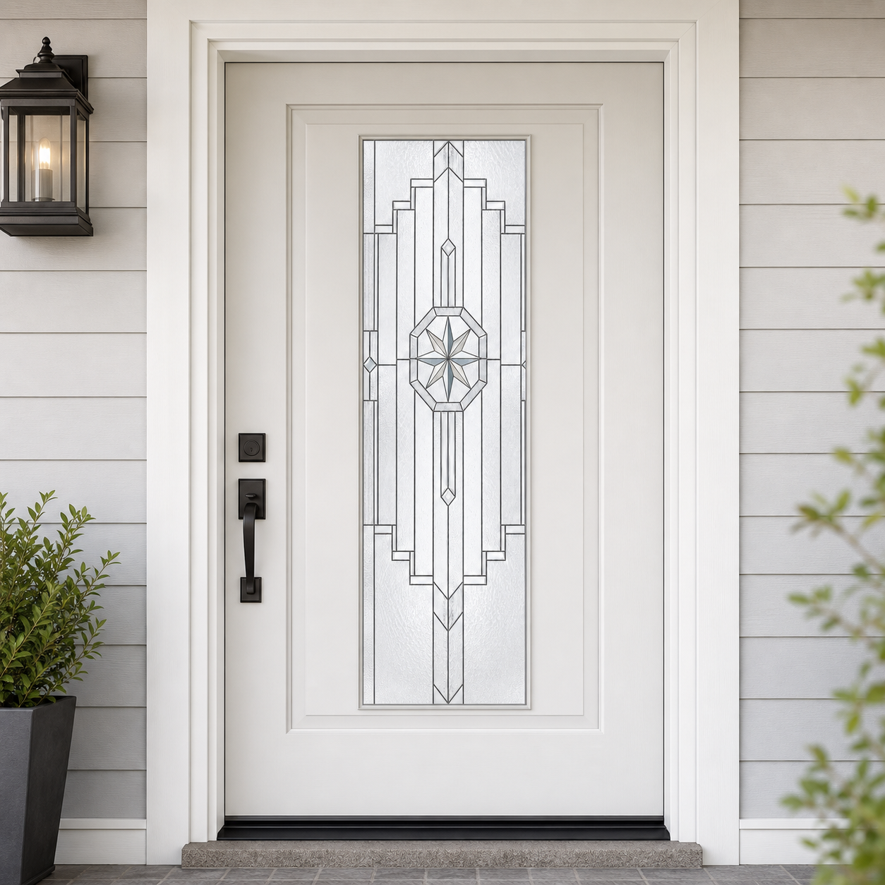 Pearl compass medallion front door window film, exterior view