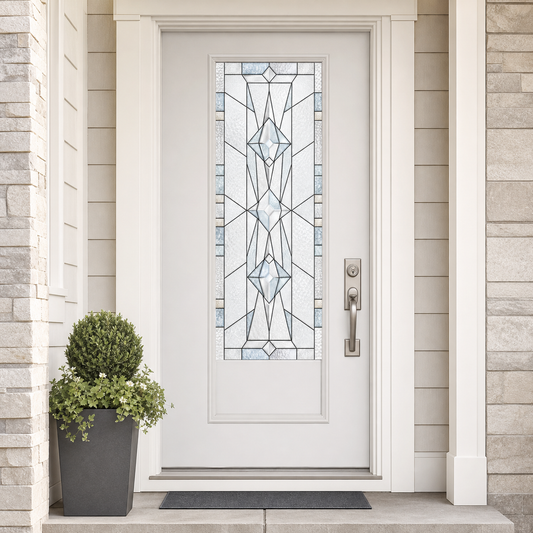 Ice blue faceted front door window film, exterior view