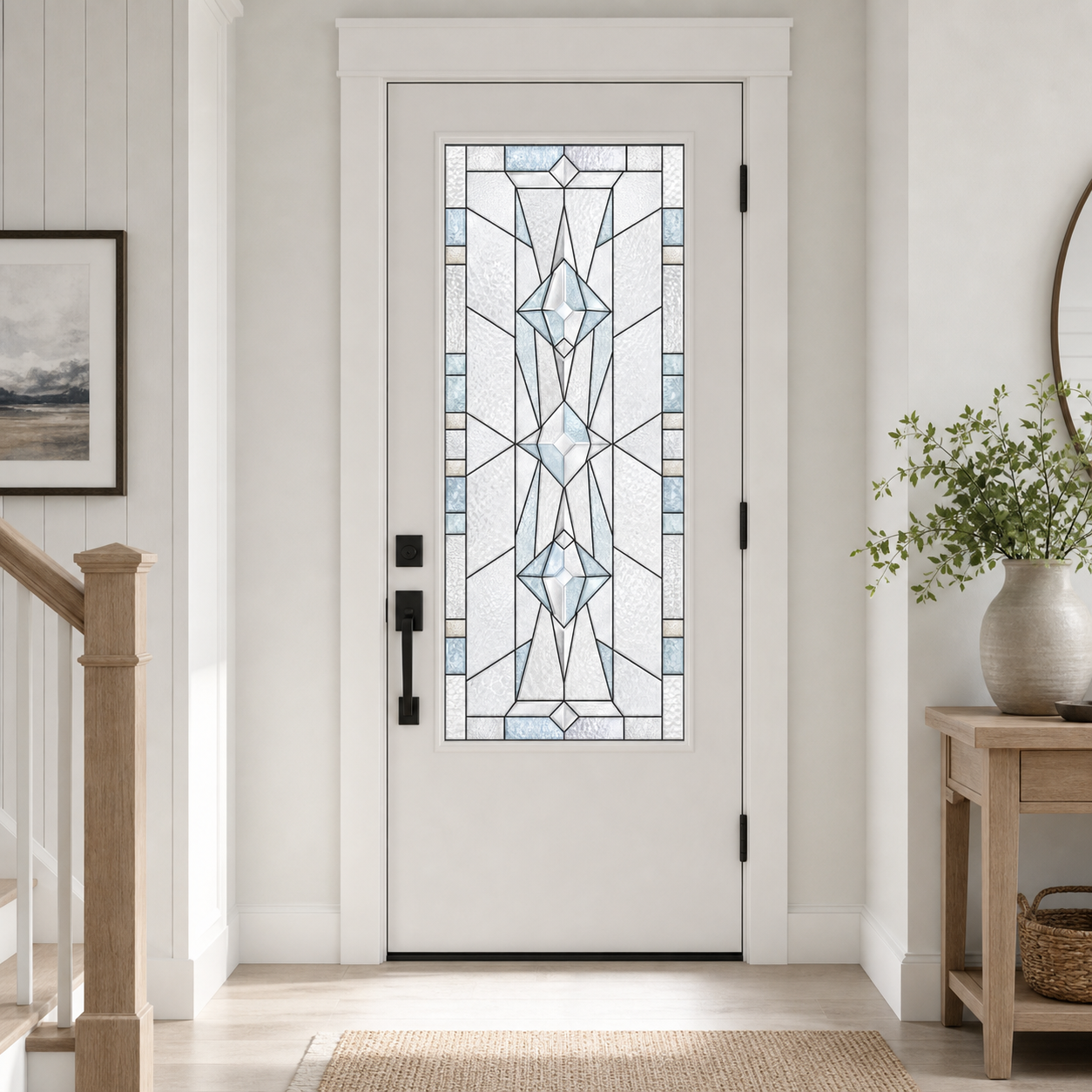 Ice blue faceted front door window film, interior foyer view