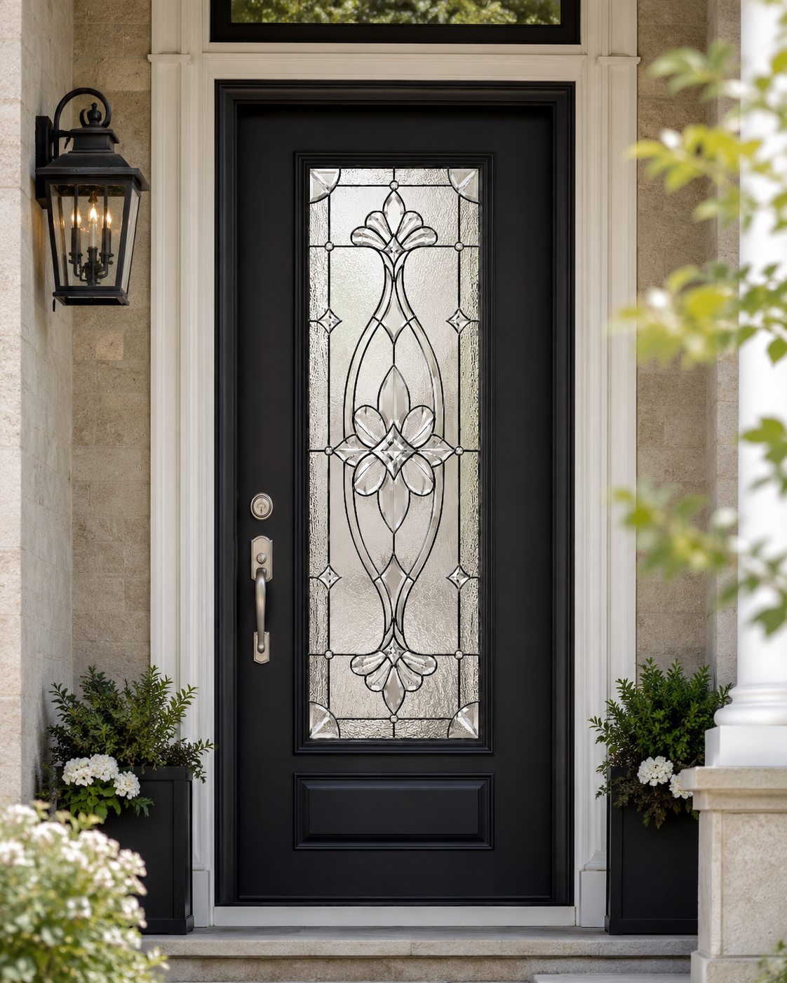 Victorian floral beveled-look window film on a front door