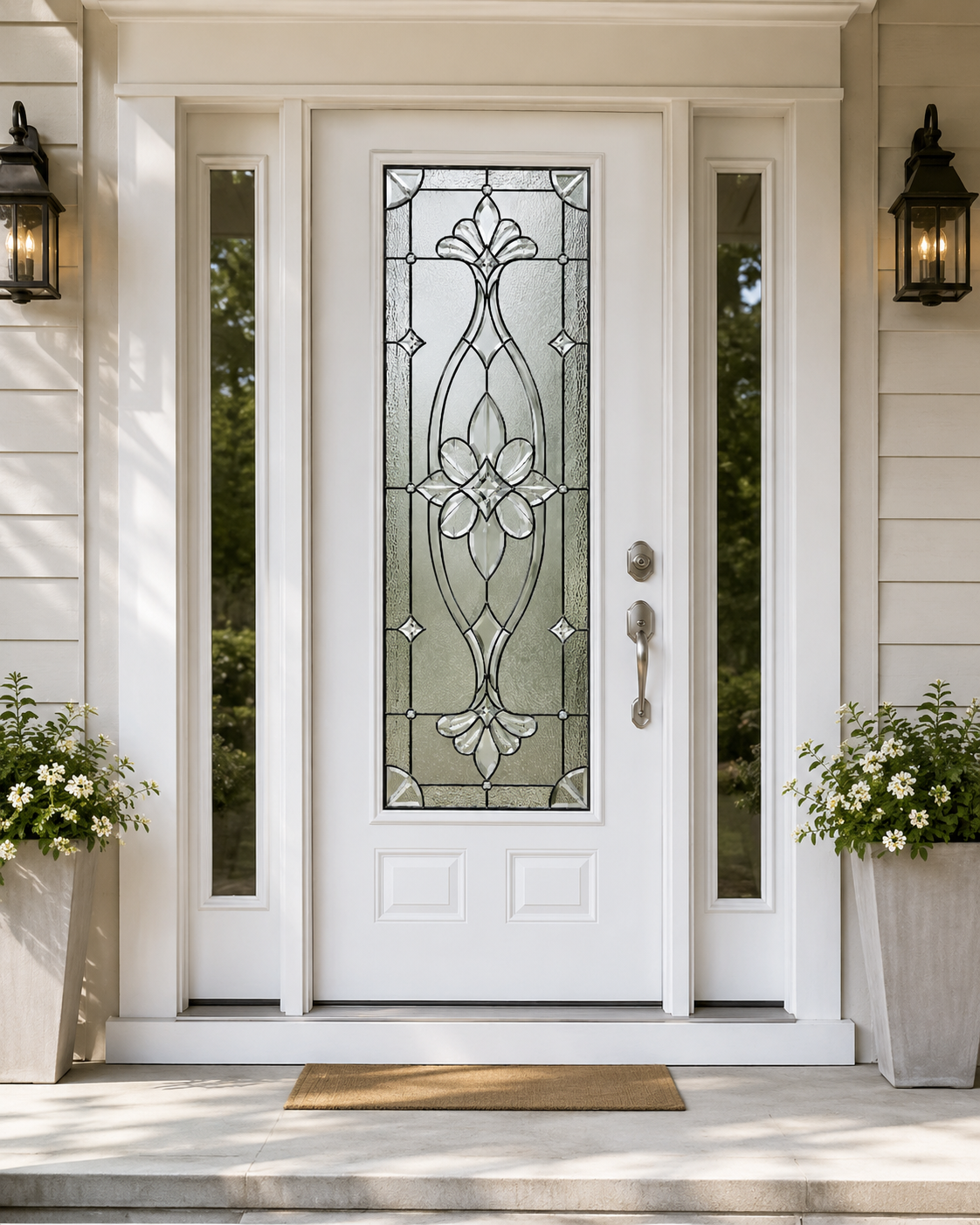 Victorian floral window film on a sage green front door