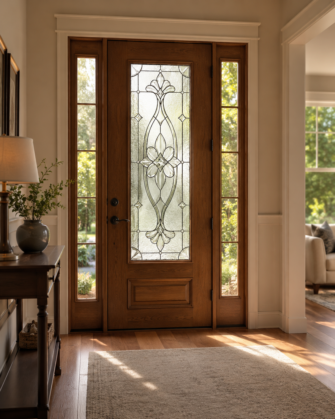 Beveled floral privacy film on a white front door
