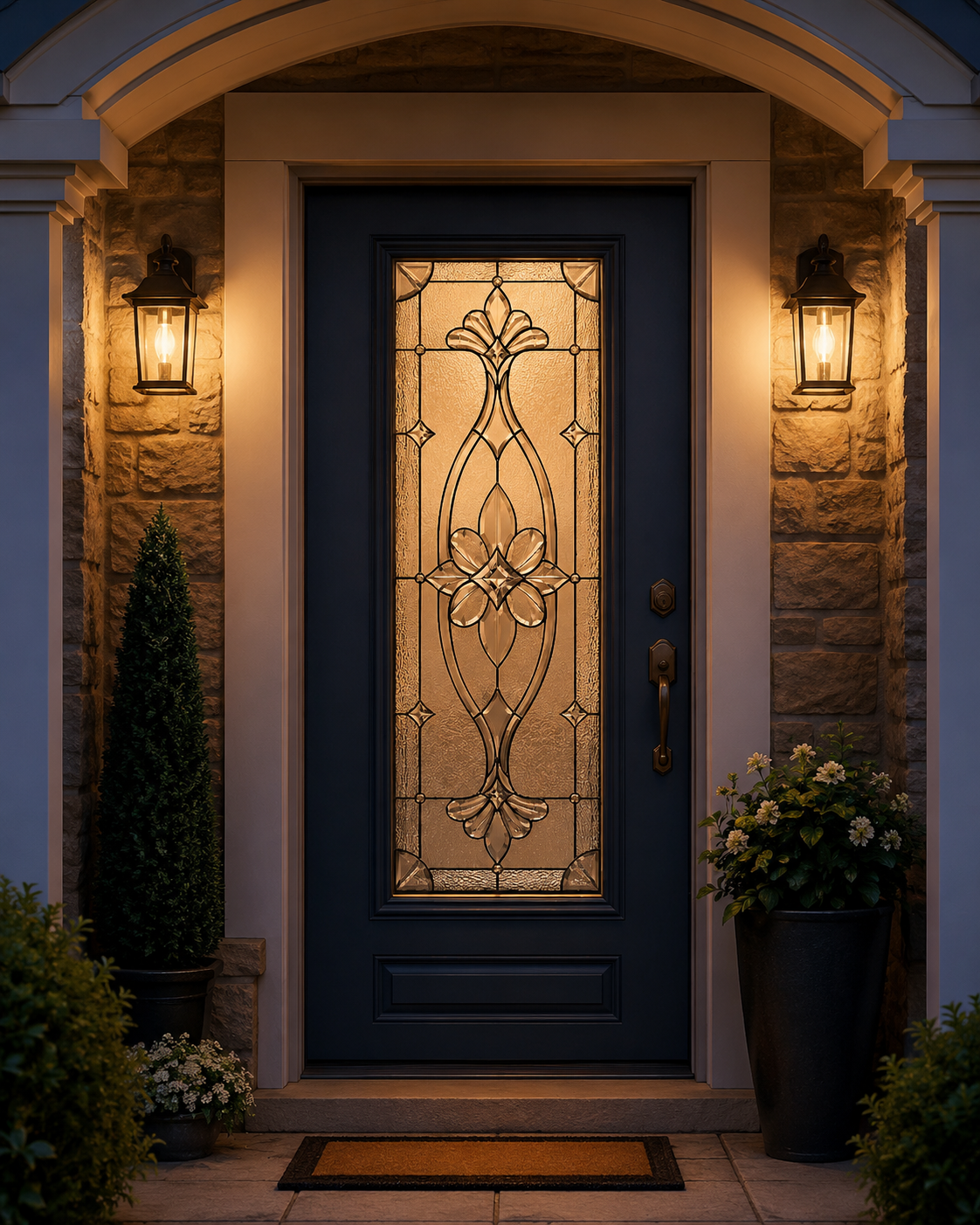 Victorian floral static cling window film in a front entry