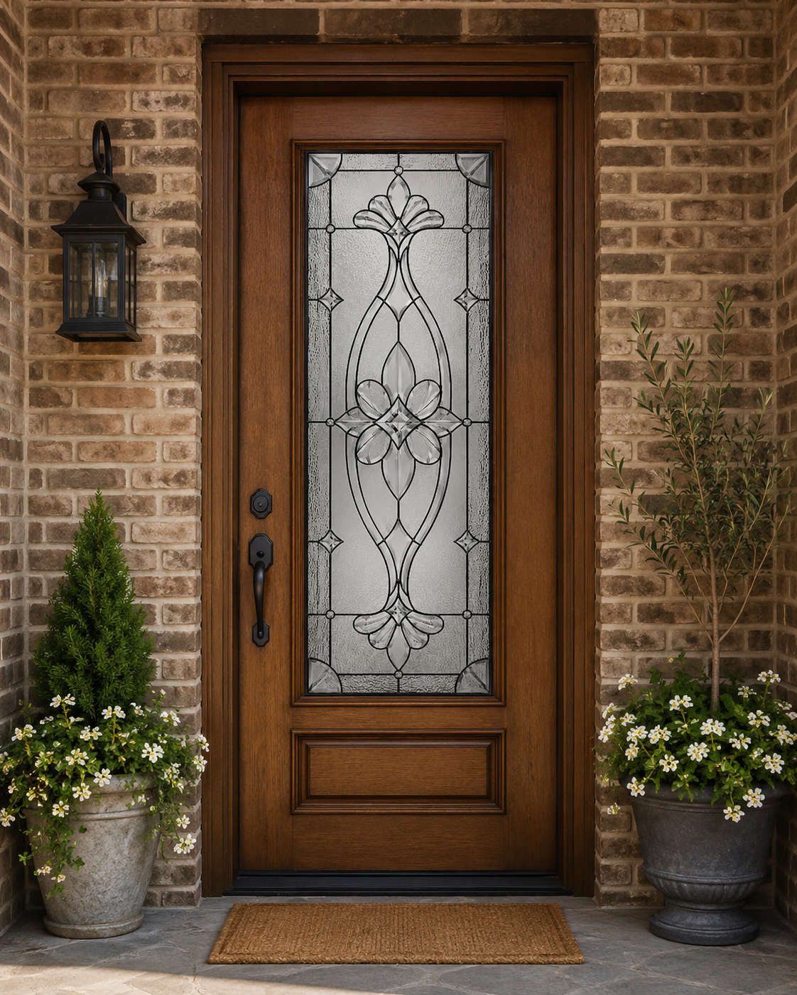 Elegant floral window film on a dark front door