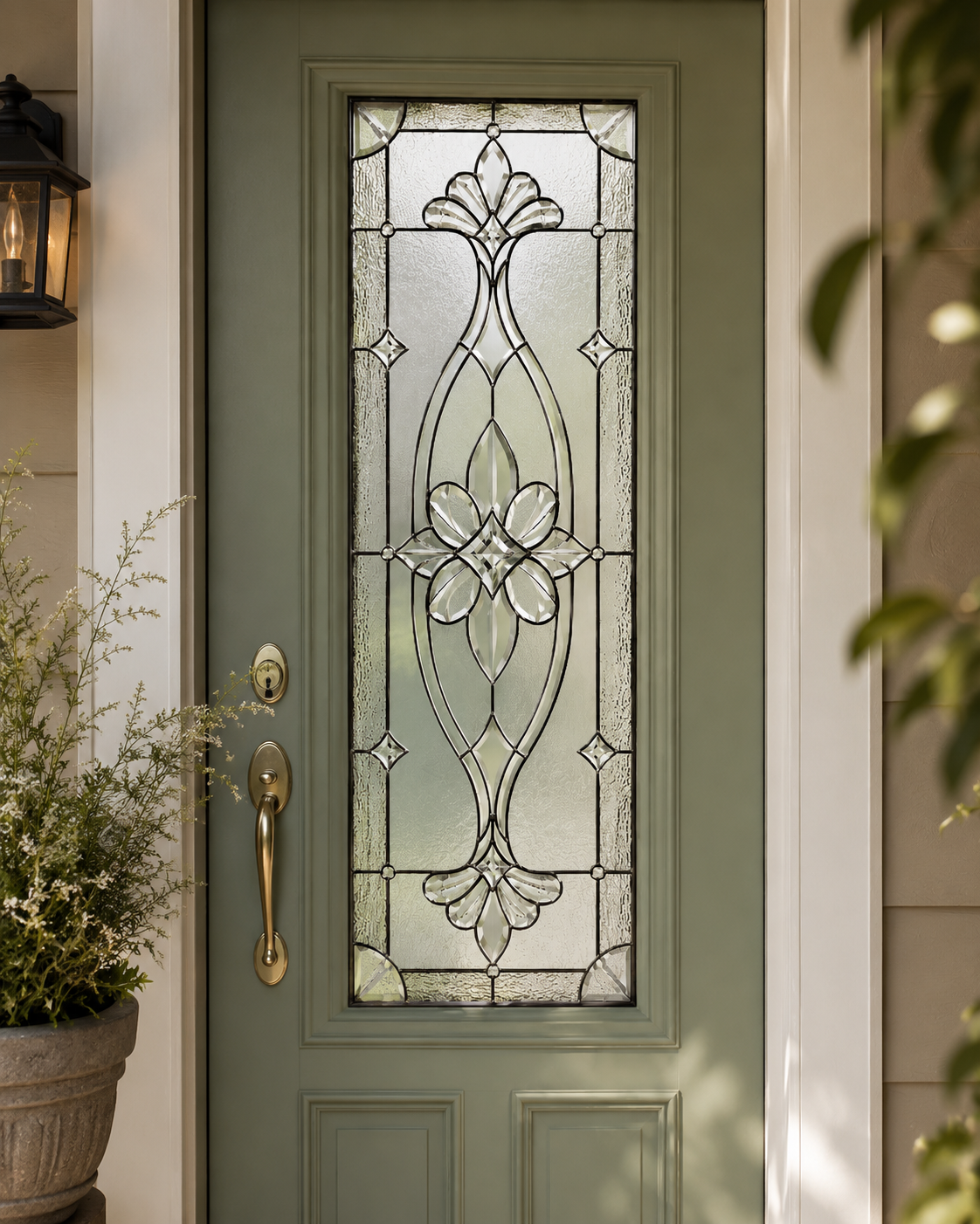 Victorian beveled-look floral film on a bright entry door